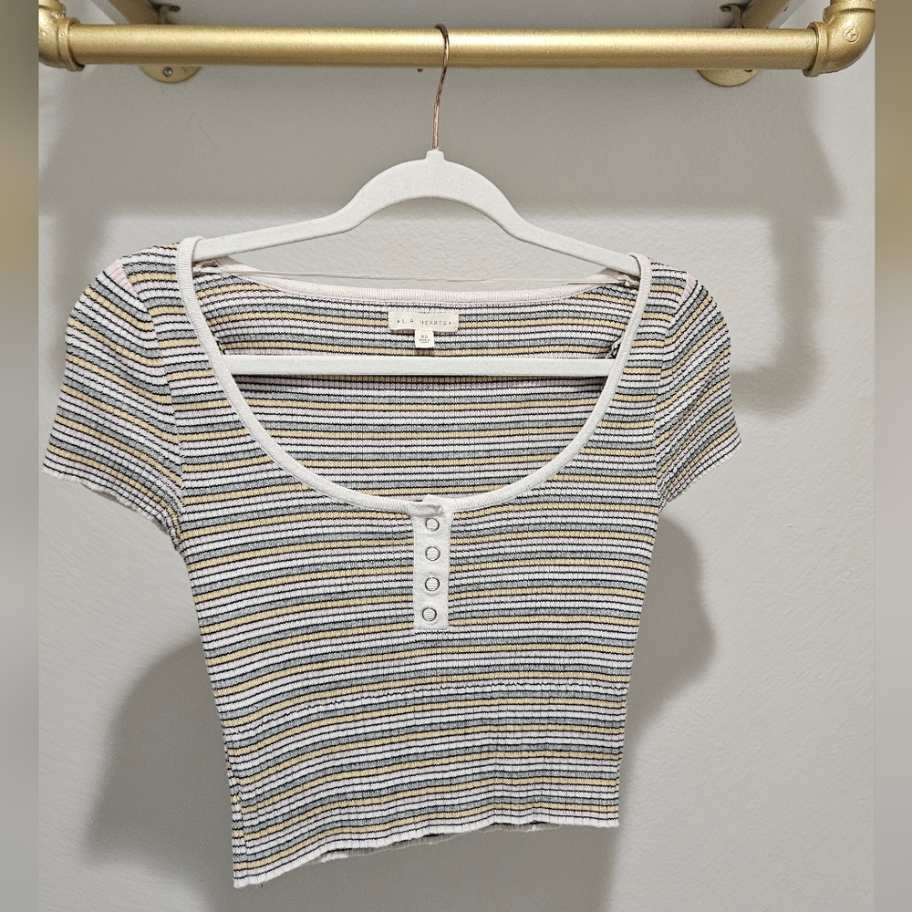 La Hearts Striped Button Crop Top - Black, White, Tan